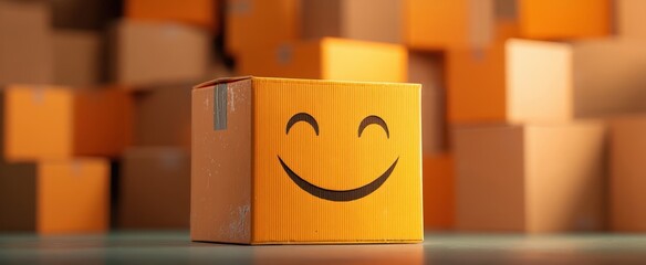 The Smiling Cardboard Box Centered Among Stacked Shipping Parcels in Warm Light