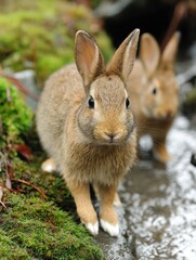 Fototapeta premium Two rabbits stand alert in a mossy, rocky stream bed, their soft brown fur blending seamlessly with the natural surroundings.