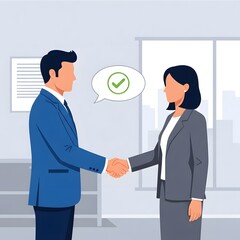 Obraz premium Business people shaking hands with a checkmark in a speech bubble.