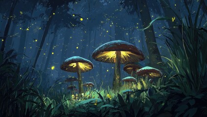 Fototapeta premium Mystical forest at night with glowing mushrooms