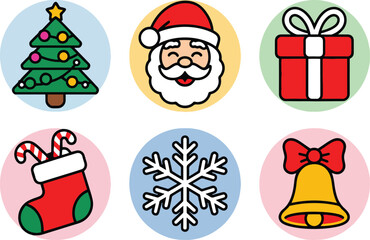 Christmas Icon Set Santa Claus, Tree, Gift, Snowflake, Holiday Symbols Clipart Vector Illustration