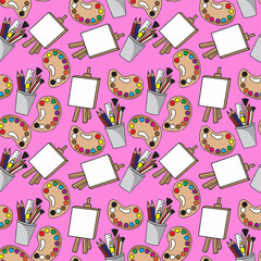 Colorful Art Supplies Seamlessly Patterned with Easel, Palettes, and Brushes Design