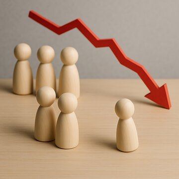 Wooden figurines representing people, with a downward trending red arrow above them, symbolizing decline or decrease