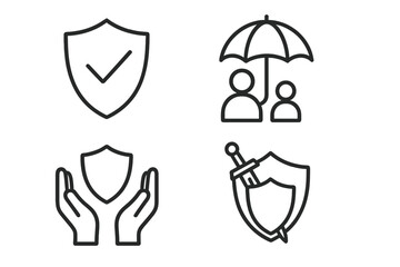Insurance and protection icon set with shield, checkmark, family under umbrella, hands holding shield, sword and shield defense symbols, outline vector collection for design and apps