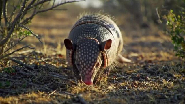 A curious nine-banded armadillo with its distinctive shell walks directly towards the camera on a dusty trail in its natural wild habitat
