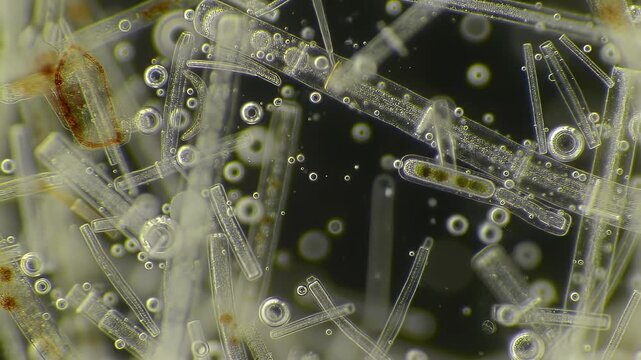 Close-Up of Microscopic Protozoa Structures and Air Bubbles with Detailed Textures Clear Background and Intricate Patterns Creating a Visual Texture for Biological Study and Research Applications