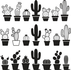 Cactus Silhouette Vector Set – Potted Succulent Plants, Black and White Clipart Illustration