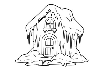 Line art vector illustration of a snow-covered house with icicles and snow piles, winter concept, cozy cabin, cold weather, cartoon style, transparent background, seasonal decoration