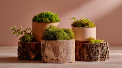 Decorative arrangements of moss in wooden planters on a light background showcasing natural elegance