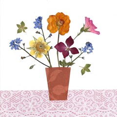 A display of pressed summer flowers on a white background.