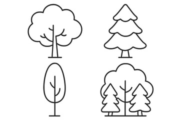Outline linear tree icons set with forest elements, vector cartoon illustration for graphics, web design, apps, adverts, cards, nature symbols, simple black line art