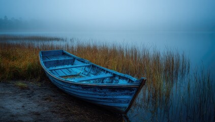 Obraz premium Misty lake scene with a vintage blue boat