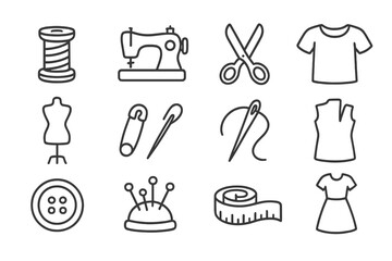 Sewing and garment icons set in outline style, tailoring tools and clothing symbols for design, apps, social networks, vector cartoon illustration, transparent background