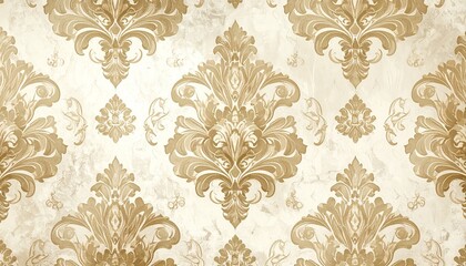 Classic damask wallpaper featuring a striking vintage decorative design in beige and gold.