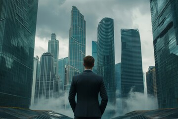 Obraz na płótnie Canvas A man in a suit stands overlooking a futuristic city with tall buildings and cloudy skies above him