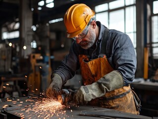 Middle-aged Caucasian man grinding metal in industrial workshop