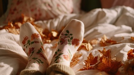 Cozy autumn morning with floral socks and fallen leaves on a soft bed