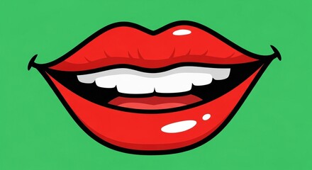 Obraz premium Cartoon Wide Smile with Red Lips and White Teeth on Green Background
