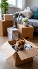 Fototapeta premium Small dog relaxing in a cardboard box among moving boxes in a cozy living room filled with natural light