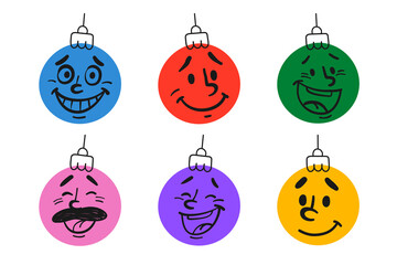Funny Christmas ornaments with cartoon faces. Colorful vector baubles with emotions for festive decoration, holiday design, sticker and greeting card.
