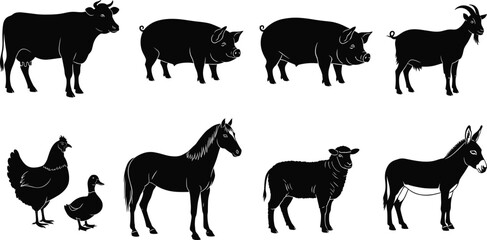 Farm animal silhouette vector set featuring cow, pig, goat, horse, sheep, duck, chicken, and donkey for agriculture and livestock design