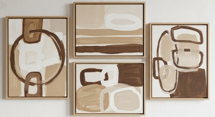 Brown and Beige Abstract Paintings with Wooden Frames