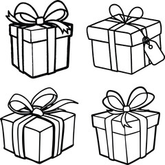 Collection of nine watercolor gift boxes in soft pastel colors with elegant ribbons and bows.
