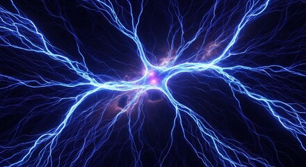 Central blue glowing structure with radiating electrical discharges and intricate branching filaments set against a dark starry expanse