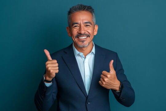 Man in a suit smiling and giving two thumbs up against a solid blue background in a studio shot