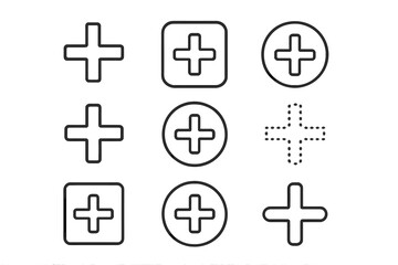 Obraz premium Plus sign line icon pack with outlined medical, hospital, add, and cross symbols for graphic design, web apps, digital interfaces, adverts, and various cards, vector illustration