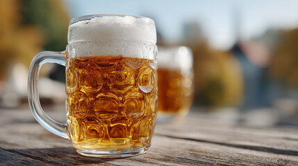 frothy beer in large glass mugs on a rustic wooden table	