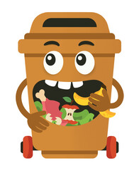 Vector illustration of brown container for waste sorting of bio organic garbage or compost. Vector isolated on white background.