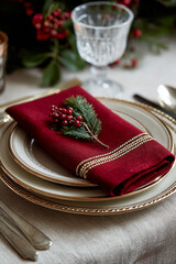 red christmas napkin on a dining table set for a christmas family dinner	with antique plates