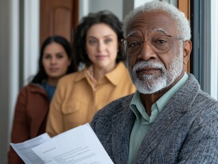 Serious African American man with documents in hallway, daytime