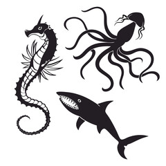 Fototapeta premium Black sea creatures silhouettes seahorse shark