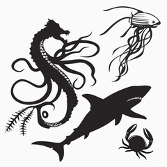 Black sea creatures silhouettes seahorse jellyfish © Mithu