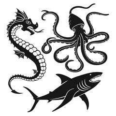 Black sea monsters dragon squid shark octopus © Mithu