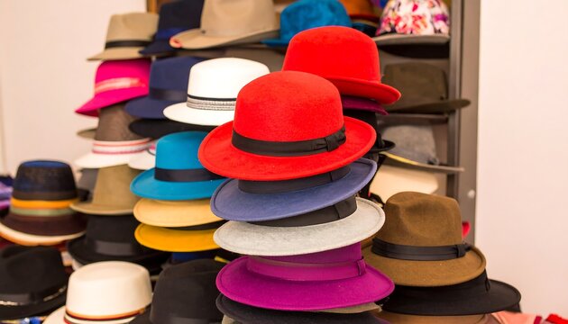 A captivating display of colorful hats stacked high on a retail store shelf
