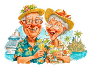 Fototapeta premium Elderly couple enjoying cocktails at tropical beach happily