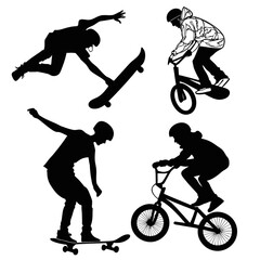 Obraz premium Black silhouettes skateboarders and bmx riders performing tricks