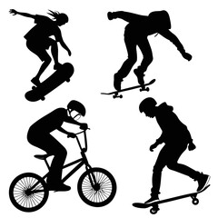Obraz premium Black silhouettes skateboarders and bmx riders performing tricks