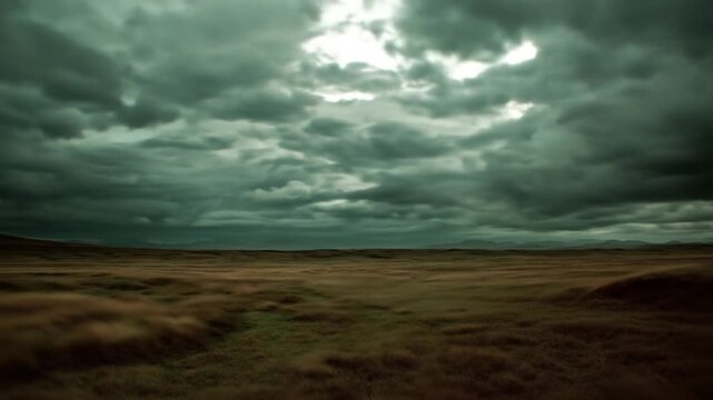 Vast, open plains under a dramatic, dark sky.