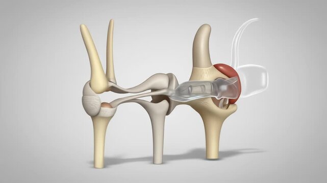 A 3D medical animation of the auditory ossicles rotating to demonstrate the fitting of a hearing aid