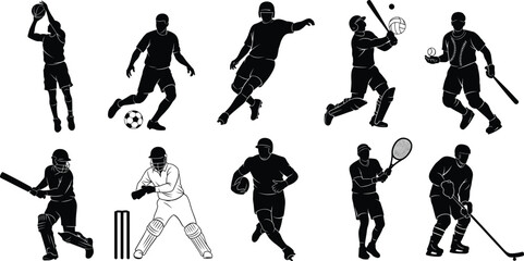 Silhouette vector set of athletes playing cricket, soccer, football, baseball, tennis, and hockey for sports design and fitness content