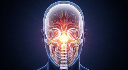 Fototapeta premium Human Skull and Brain with Glowing Neural Network and Nerve Connections 3D Render