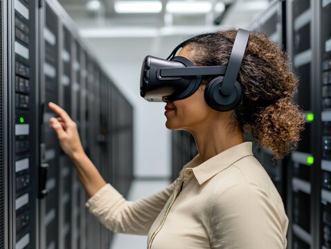 Woman using virtual reality headset in server room, daytime