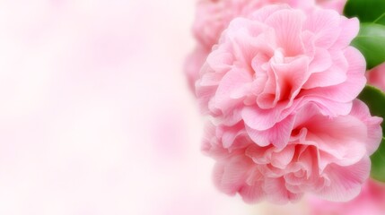 Obraz premium Close-up view of soft pink camellia flower against a clean white background featuring a minimalist composition and ample copy space for design purposes