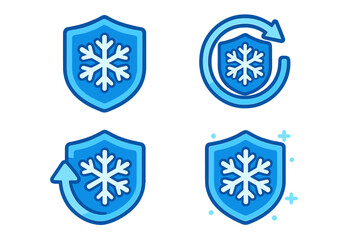 Frozen protection shield icon set with snowflake symbol and rotation arrows, cold safety concept, winter defense, cybersecurity, freezing app UI graphics, cartoon style vector