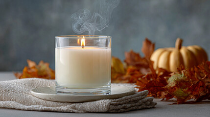 Single candle on a Thanksgiving table, soft smoke curling upwards, autumn leaves