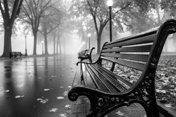 Empty park bench in foggy autumn morning monochrome